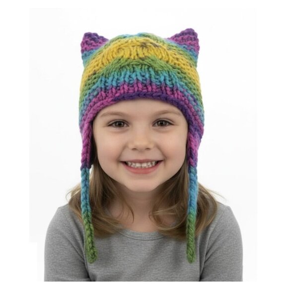 ⭐GIRL'S Handmade Striped Multicolor Knit Beanie Cat Ears Warm Winter Quirky Hat⭐ - Picture 1 of 7